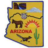 Embroidered patch of Arizona with desert elements on a yellow background