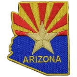 An embroidered Arizona state-shaped patch featuring the Arizona state flag design with red and yellow rays, a gold star, and the word ARIZONA in yellow on a blue field, shown on a plain white background.