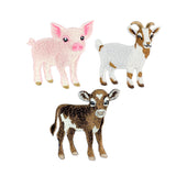 Three embroidered farm animal patches of a pink pig, a white goat with brown patches, and a brown and white calf, shown on a plain white background.