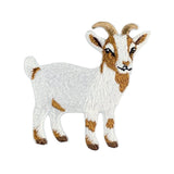 An embroidered patch of a white goat with brown patches and horns, shown on a plain white background.