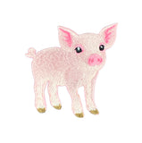 A cute embroidered pig patch shaped like a baby pig, featuring light pink and white textured embroidery, pink inner ears and snout, black eyes, and gold-colored hooves, shown on a plain white background.