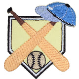 an embroidered baseball patch featuring two baseball batts, a baseball cap, and a baseball positioned over home plate.