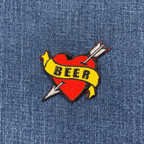 Beer Patch - Embroidered Heart Tattoo Style Badge 2.25" (Iron On)