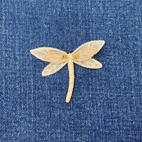 Layered Dragonfly Applique Patch - Gold & Beige Beaded Embroidered Insect Badge 2" (Iron On)