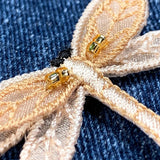 Layered Dragonfly Applique Patch - Gold & Beige Beaded Embroidered Insect Badge 2" (Iron On)