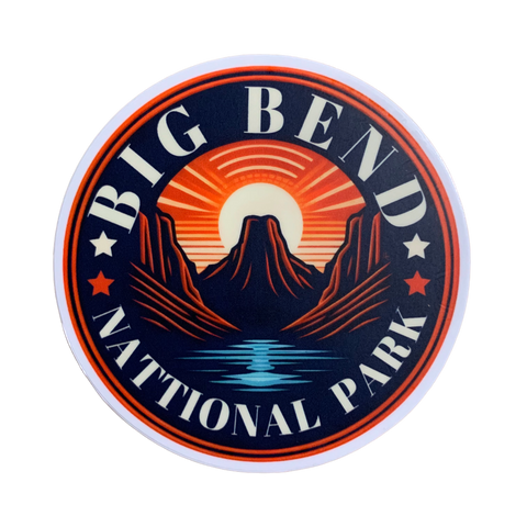 A round vinyl decal featuring a stylized sunset with mountains and the text 'BIG BEND NATIONAL PARK'.
