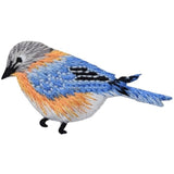 Colorful bird patch with blue, orange, and gray feathers on a white background