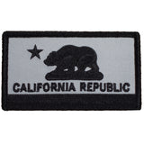 A gray and black embroidered patch of the California Republic with a bear and the words 'CALIFORNIA REPUBLIC'.