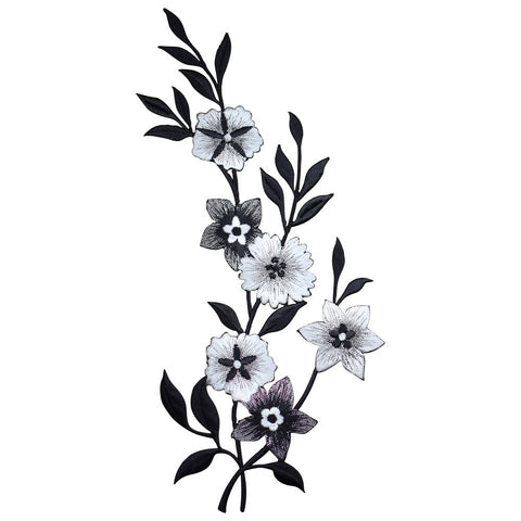 Extra Large Flower Applique Patch - Metallic Silver Black White Facing Left 10.25" (Iron on)