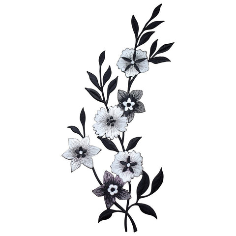 Extra Large Flower Applique Patch - Metallic Silver Black White Facing Right 10.25" (Iron on)