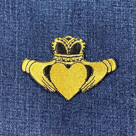 Claddagh Applique Patch - Metallic Gold Heart & Hands Embroidered Irish Symbol Badge 3" (Iron On)