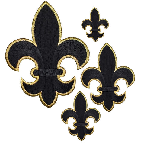 Fleur De Lis Applique Patch Set - Black & Metallic Gold Badges (4-Pack, Iron on)