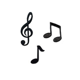 Black musical note patches on a white background