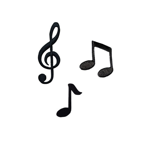 Black musical note patches on a white background