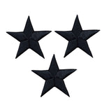 three black star embroidered patches on a white background