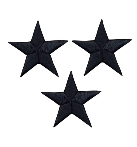 three black star embroidered patches on a white background