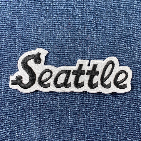 Seattle Patch - Embroidered Script Black & White Badge 4.25" (Iron Or Sew On)