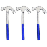 three blue and silver hammer patches on a white background