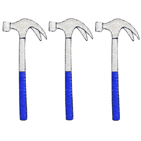 three blue and silver hammer patches on a white background
