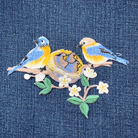 Bluebird Nest & Chicks Applique Patch - Embroidered Blue Baby Bird Badge 4-7/8" (Iron On)