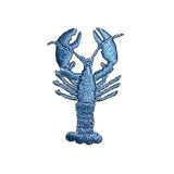A blue embroidered lobster patch with raised stitched details, shown on a plain white background.
