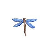 Blue dragonfly-shaped patch on a white background