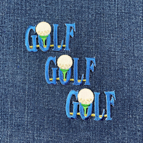 3 Embroidered 'GOLF' patches with golf ball graphics on a denim background