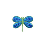 Embroidered dragonfly patch with blue wings and green body on a white background