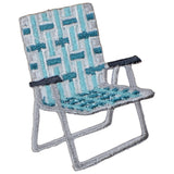 Miniature chair with blue and gray patterned seat and backrest on a white background