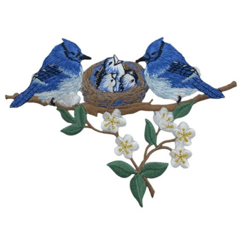 Blue Jay Nest Applique Patch - Fledgling Baby Bird Chicks Embroidered Badge 5" (Iron on)