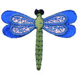 Embroidered dragonfly patch with blue wings and green body on a white background
