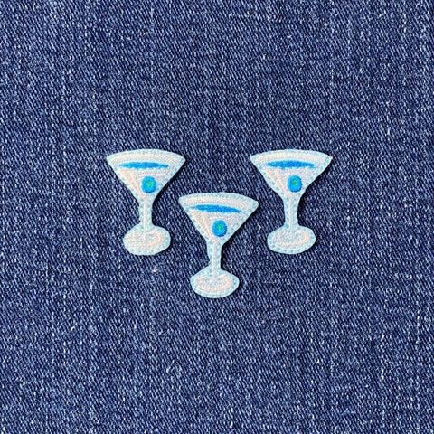 3-Pack Martini Applique Patch - Embroidered Blue Cocktail & Alcohol Badge 1" (Iron On)
