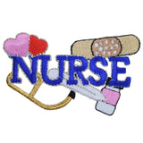 A patch depicting a stylized medical theme with the word 'NURSE' prominently displayed, featuring hearts, a bandage, and medical tools.