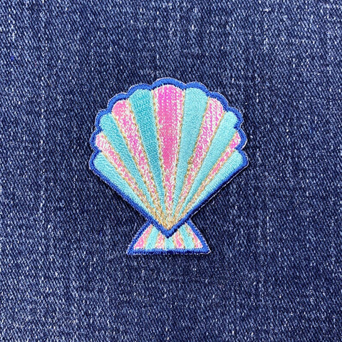 Shimmery Seashell Applique Patch - Sea Shell Embroidered Beach Badge 1-7/8" (Iron On)