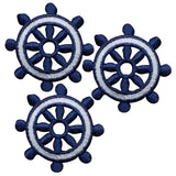 Three blue and white ship's wheel applique patches designed for iron on application.
