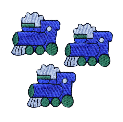 three blue and green train patches on a white background