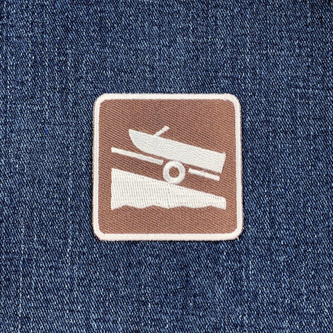 Boat Launch Patch - Embroidered Fishing Boat & Ramp Sign Badge 2" (Iron On)