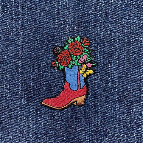 Cowgirl Boot Applique Patch - Embroidered Roses & Butterfly Badge 2.25" (Iron On)