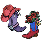 A set of two embroidered patches, one featuring a red cowboy hat and purple boot with a blue flower, and the other showing a red boot filled with various colorful flowers.