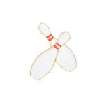 Embroidered patch of two bowling pins with red bands on a white background