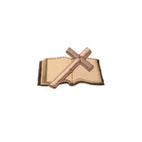 Patch of a brown and tan bible on white background.
