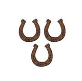 three brown horseshoe patches on a white background
