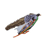 Embroidered patch of a fly fishing lure with multicolor feathers on a white background