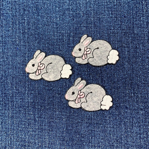3-Pack Gray Bunny Applique Patch - Embroidered Cottontail Rabbit Badge 1.75" (Iron On)