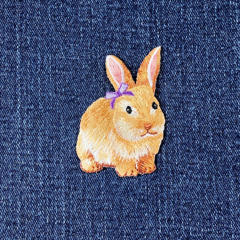 Bunny Applique Patch - Embroidered Baby Rabbit With Purple Bow 2.25" (Clearance, Iron On)