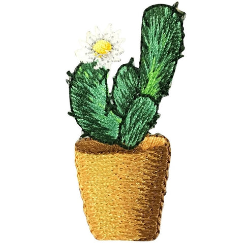 Cactus Applique Patch - White Flower Succulent Plant & Tan Pot Badge 1-7/8" (Iron on)