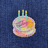 Cake & Candles Applique Patch - Embroidered Shimmery Happy Birthday Badge 2.5" (Iron On)