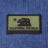 California Republic patch with bear and star design on blue denim fabric