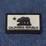 California Republic patch with bear and star design on denim fabric