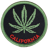 A round green patch with a cannabis leaf design and the word 'CALIFORNIA' written in red text.